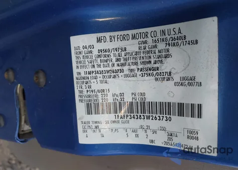 2003 Ford Focus Se from USA, damaged, VIN 1FAFP34383W263730